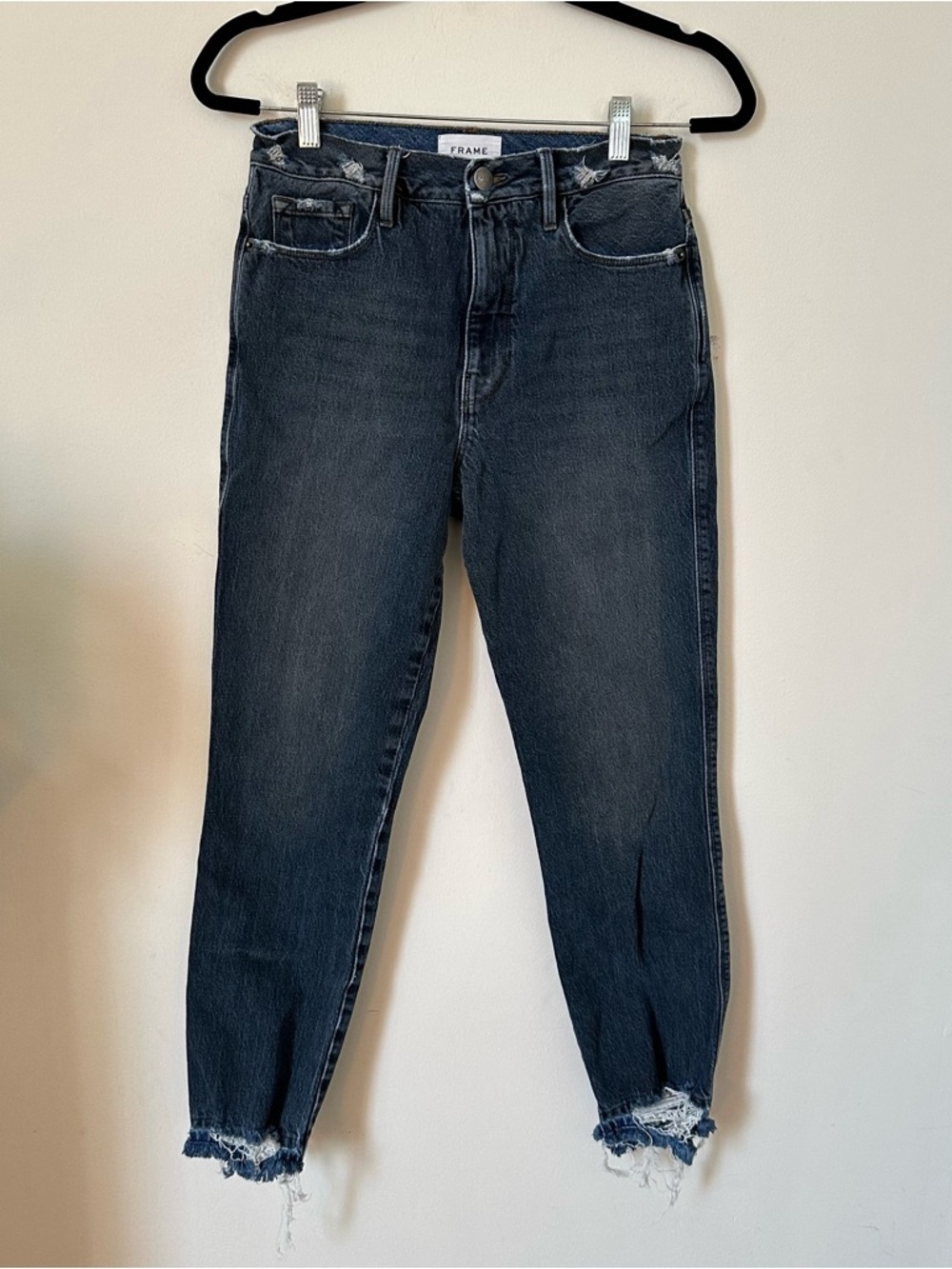 Frame Le Sylvie Crop Jeans Medium Wash Indigo Raw Frayed Hem Size 27 - Picture 1 of 7